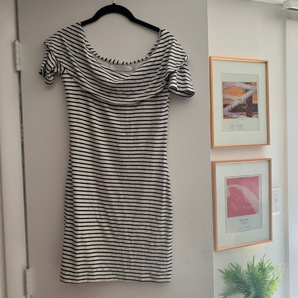 SOLD Delacy Navy White Striped Off Shoulder Dress - Picture 1 of 5